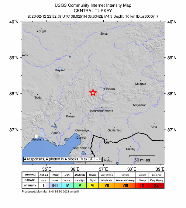 USGS DYFI community-reported intensity map for the M4.3 earthquake near 12 km E of Göksun, Turkey