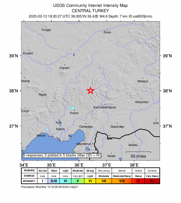 USGS DYFI community-reported intensity map for the M4.6 earthquake near Central Turkey