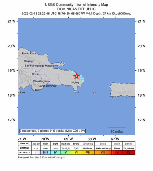 USGS DYFI community-reported intensity map for the M3.7 earthquake near 21 km N of Otra Banda, Dominican Republic