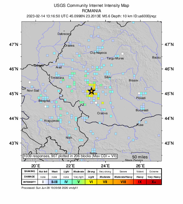 USGS DYFI community-reported intensity map for the M5.6 earthquake near 0 km ESE of Lele?ti, Romania