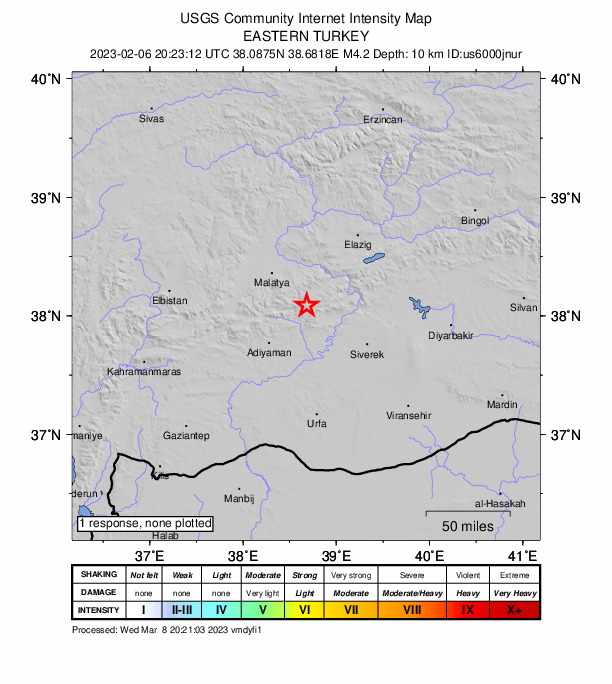 USGS DYFI community-reported intensity map for the M4.1 earthquake near 8 km NE of Sincik, Turkey