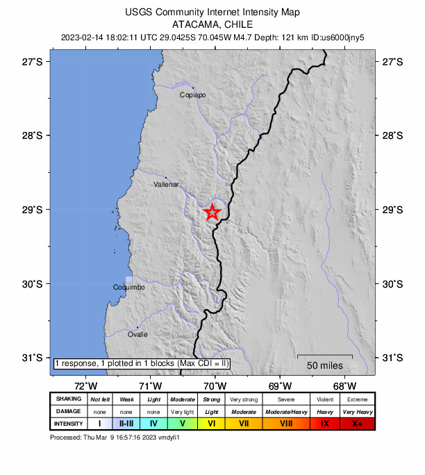 USGS DYFI community-reported intensity map for the M4.6 earthquake near 89 km SE of Vallenar, Chile
