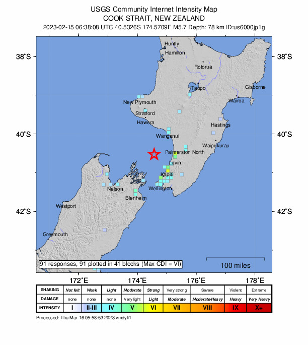 USGS DYFI community-reported intensity map for the M5.7 earthquake near 55 km NW of Raumati Beach, New Zealand