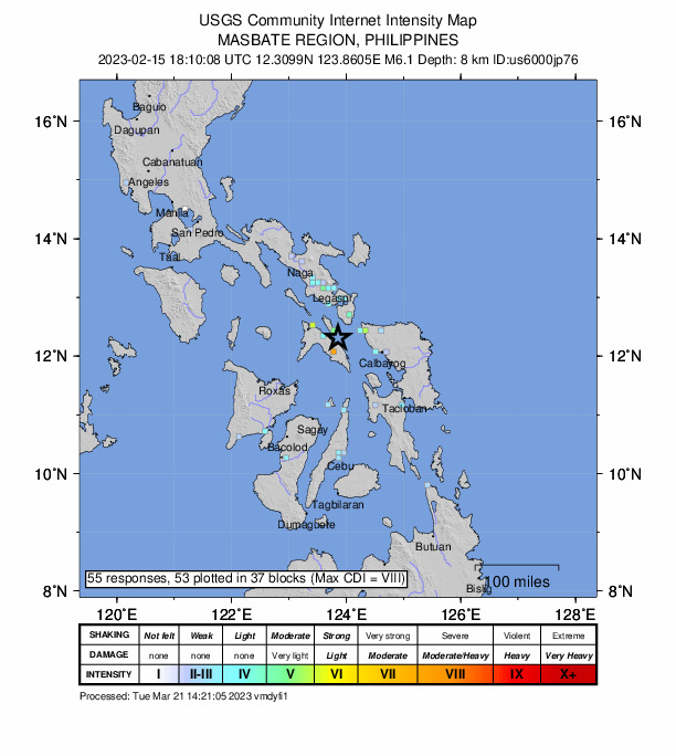USGS DYFI community-reported intensity map for the M6.1 earthquake near 9 km NNE of Miaga, Philippines