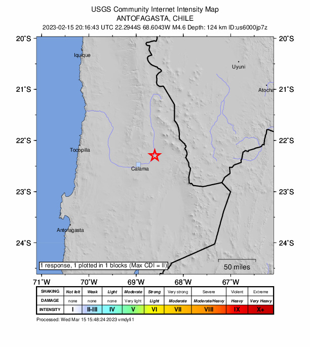 USGS DYFI community-reported intensity map for the M4.6 earthquake near Antofagasta, Chile