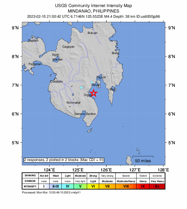 USGS DYFI community-reported intensity map for the M4.4 earthquake near 17 km NE of Tanlad, Philippines