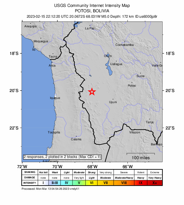 USGS DYFI community-reported intensity map for the M5.0 earthquake near 106 km SE of Colchane, Chile