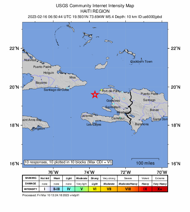 USGS DYFI community-reported intensity map for the M5.4 earthquake near 37 km WSW of Bombardopolis, Haiti