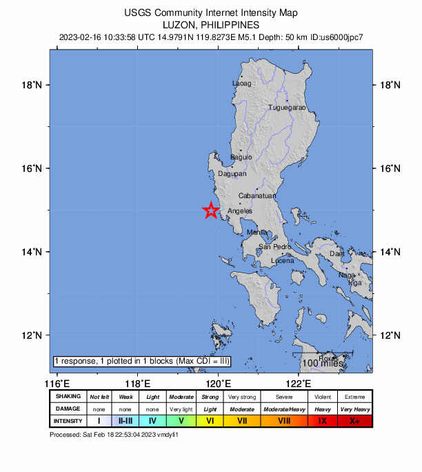 USGS DYFI community-reported intensity map for the M5.1 earthquake near 26 km W of San Nicolas, Philippines