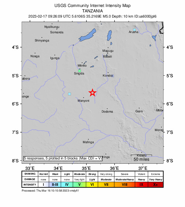 USGS DYFI community-reported intensity map for the M5.0 earthquake near 30 km N of Kintinku, Tanzania