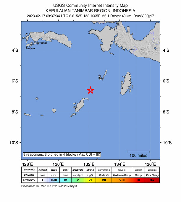 USGS DYFI community-reported intensity map for the M6.1 earthquake near 130 km SSW of Tual, Indonesia