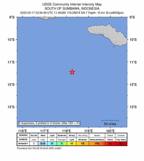 USGS DYFI community-reported intensity map for the M4.7 earthquake near 248 km SSW of Tambolaka, Indonesia