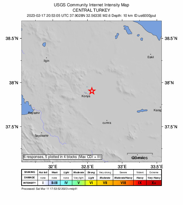 USGS DYFI community-reported intensity map for the M2.6 earthquake near 7 km ENE of Konya, Turkey