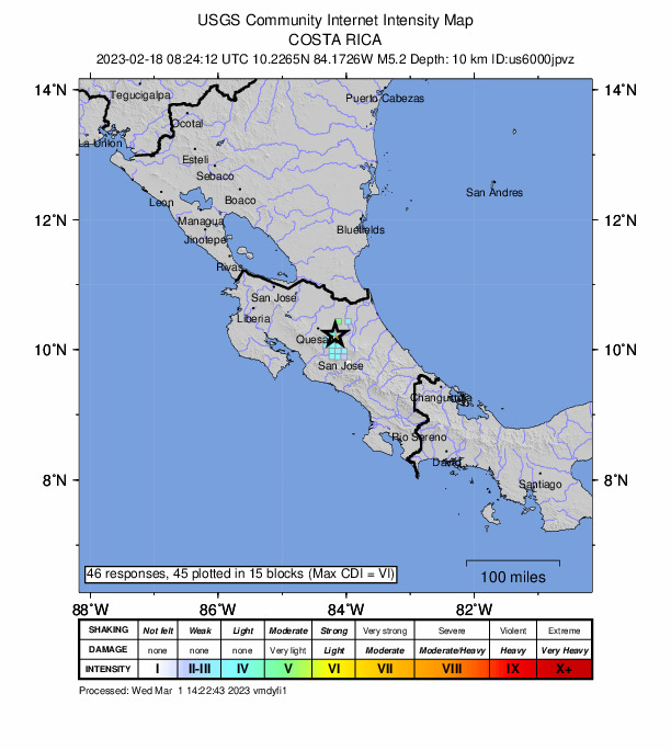 USGS DYFI community-reported intensity map for the M4.8 earthquake near 15 km E of Río Segundo, Costa Rica