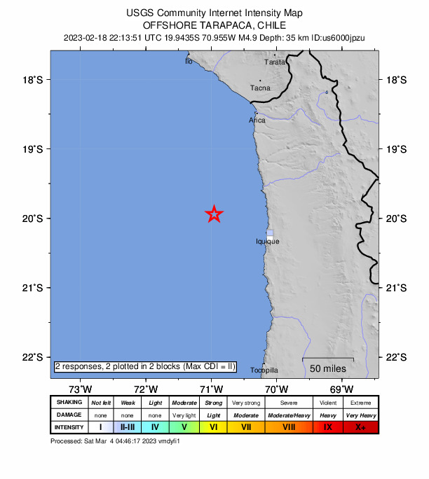 USGS DYFI community-reported intensity map for the M4.7 earthquake near 94 km WNW of Puerto, Chile