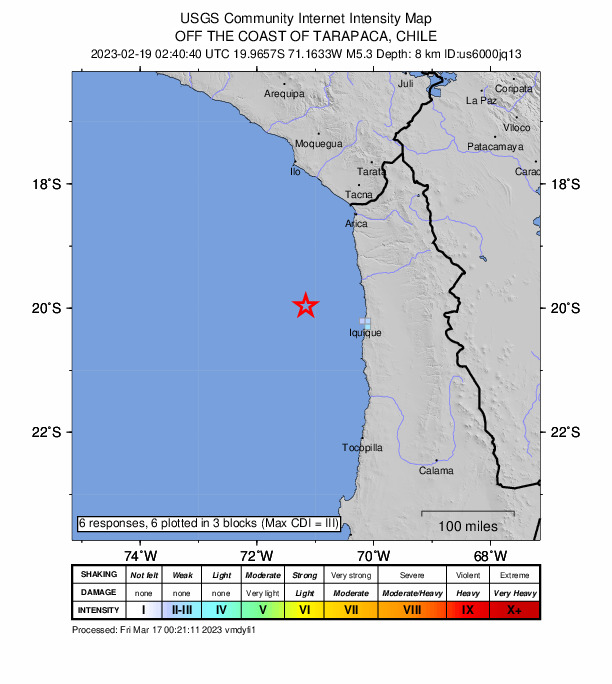 USGS DYFI community-reported intensity map for the M5.3 earthquake near 109 km WNW of Puerto, Chile