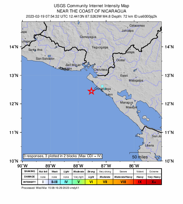 USGS DYFI community-reported intensity map for the M5.0 earthquake near 35 km SSW of Jiquilillo, Nicaragua
