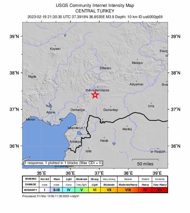 USGS DYFI community-reported intensity map for the M3.9 earthquake near 24 km SSW of Kahramanmara?, Turkey