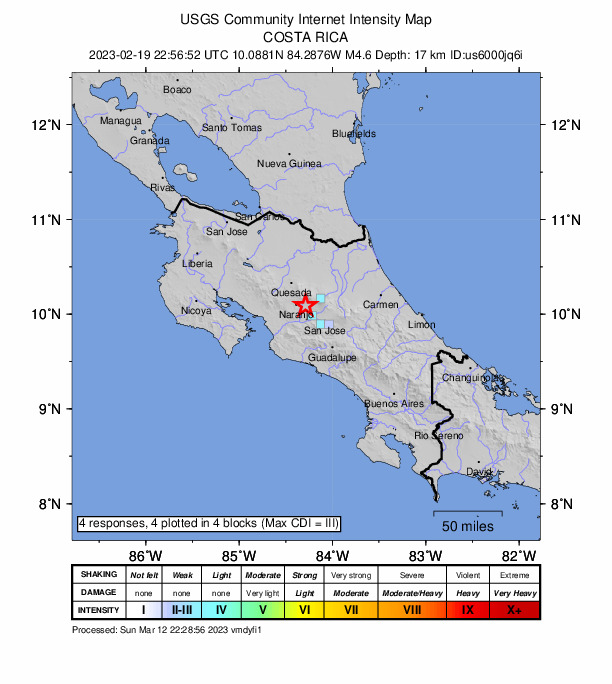 USGS DYFI community-reported intensity map for the M4.6 earthquake near 3 km ESE of San Juan, Costa Rica