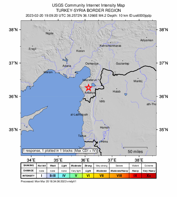 USGS DYFI community-reported intensity map for the M4.2 earthquake near 2 km WSW of Kuzeytepe, Turkey