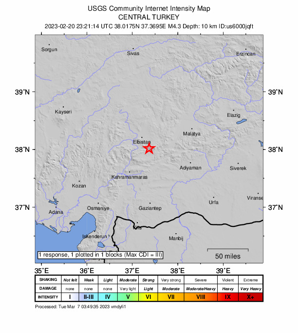 USGS DYFI community-reported intensity map for the M4.3 earthquake near 8 km NW of Nurhak, Turkey