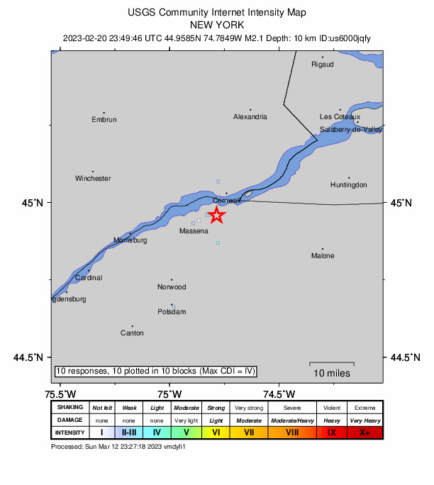 USGS DYFI community-reported intensity map for the M2.1 earthquake near 7 km SW of Cornwall, Canada