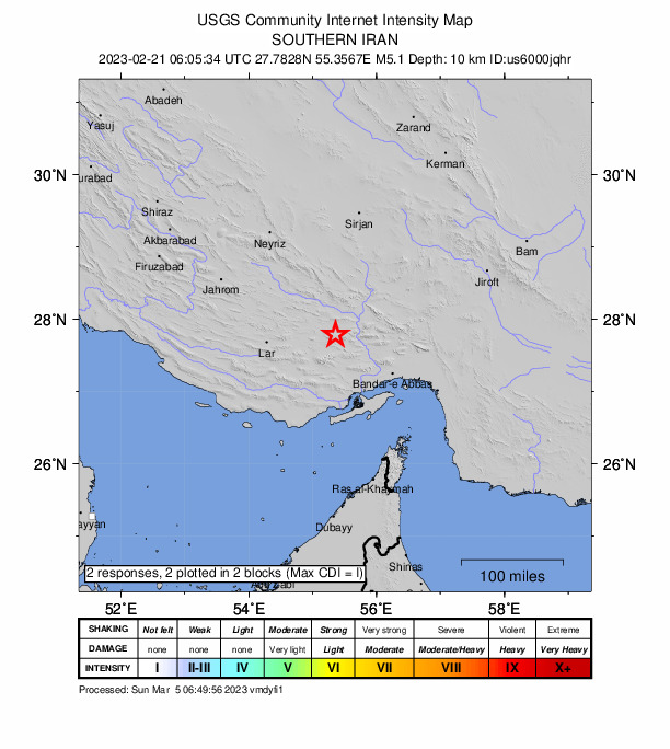 USGS DYFI community-reported intensity map for the M5.1 earthquake near 79 km SW of ??jj??b?d, Iran