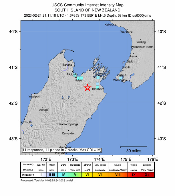USGS DYFI community-reported intensity map for the M4.5 earthquake near 2 km ESE of Wairau Valley, New Zealand