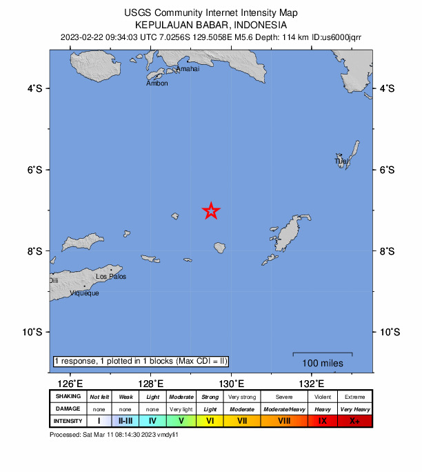 USGS DYFI community-reported intensity map for the M5.6 earthquake near Kepulauan Babar, Indonesia