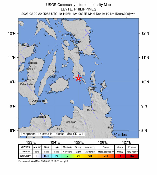 USGS DYFI community-reported intensity map for the M4.6 earthquake near 2 km SW of Malitbog, Philippines