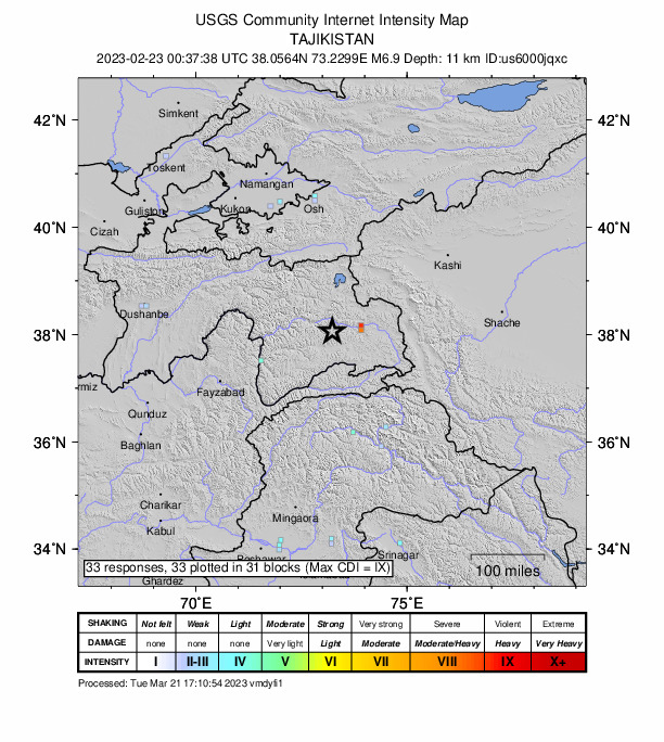 USGS DYFI community-reported intensity map for the M6.9 earthquake near 65 km WSW of Murghob, Tajikistan