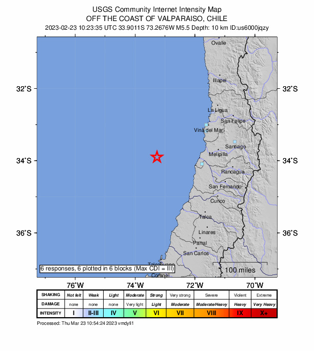 USGS DYFI community-reported intensity map for the M5.5 earthquake near 156 km WSW of San Antonio, Chile