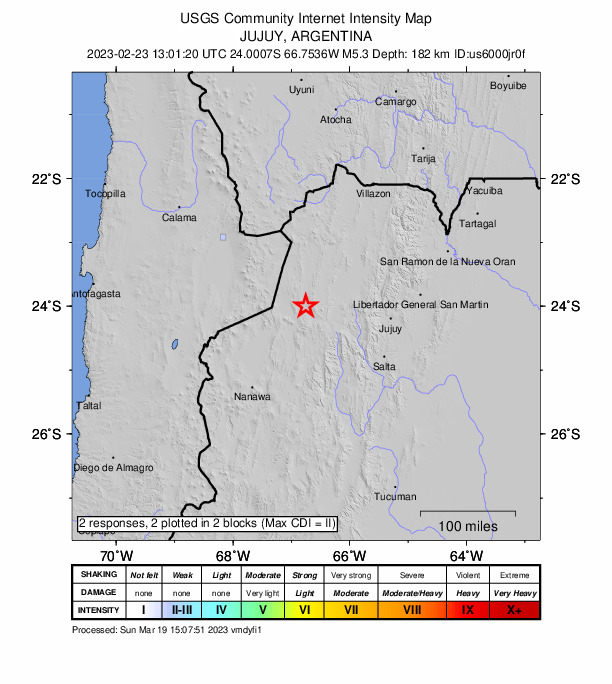USGS DYFI community-reported intensity map for the M5.3 earthquake near 50 km WNW of San Antonio de los Cobres, Argentina