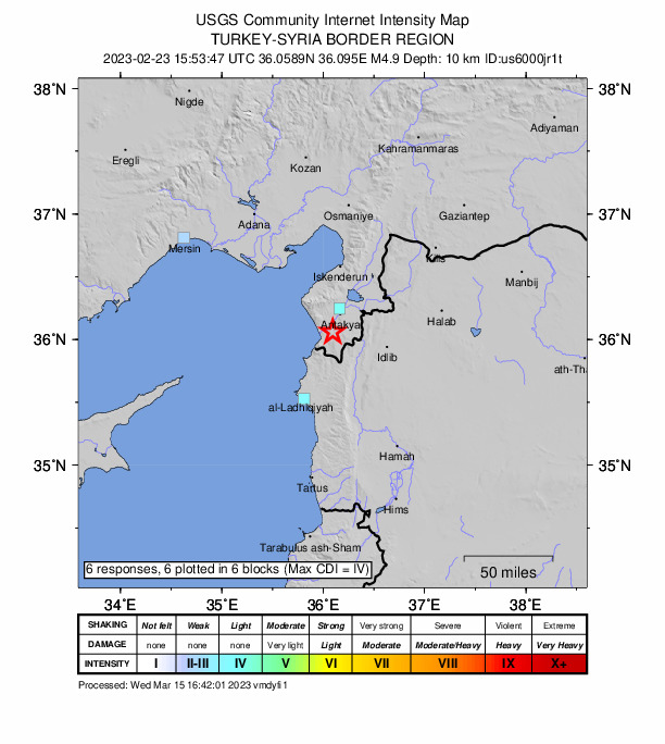 USGS DYFI community-reported intensity map for the M4.9 earthquake near 6 km SSE of Büyükçat, Turkey