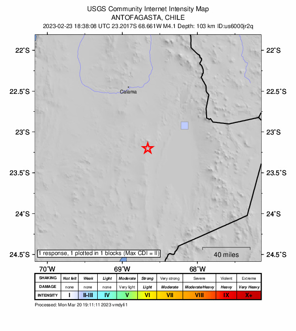 USGS DYFI community-reported intensity map for the M4.1 earthquake near 57 km SW of San Pedro de Atacama, Chile