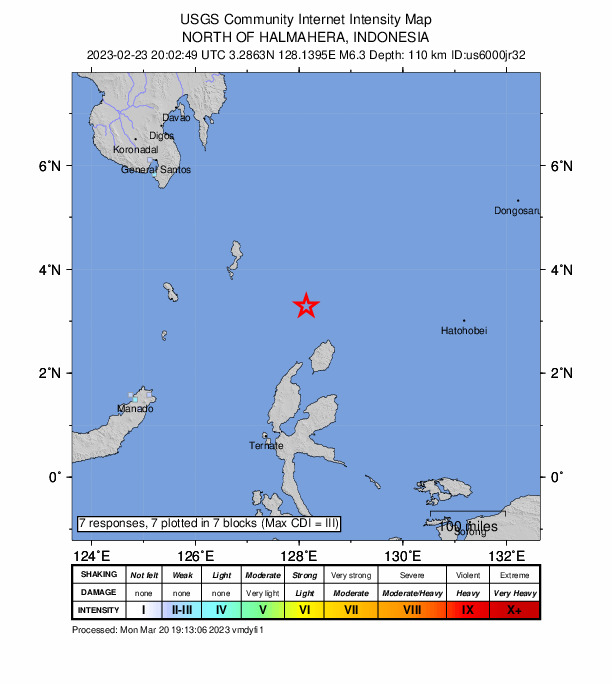 USGS DYFI community-reported intensity map for the M6.3 earthquake near 172 km N of Tobelo, Indonesia