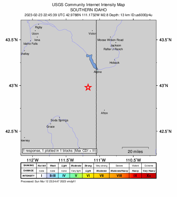 USGS DYFI community-reported intensity map for the M2.8 earthquake near 13 km W of Freedom, Idaho