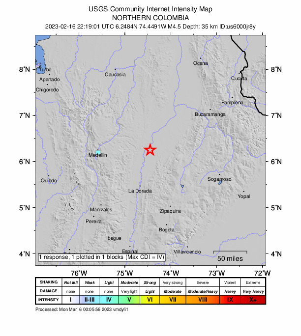 USGS DYFI community-reported intensity map for the M4.5 earthquake near 27 km S of Puerto Berr?o, Colombia