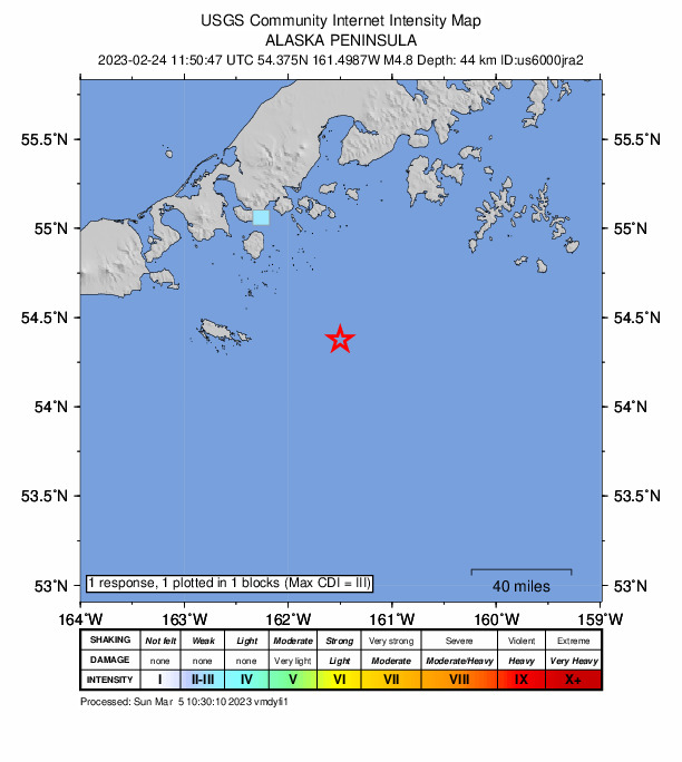 USGS DYFI community-reported intensity map for the M4.8 earthquake near 94 km SSE of King Cove, Alaska