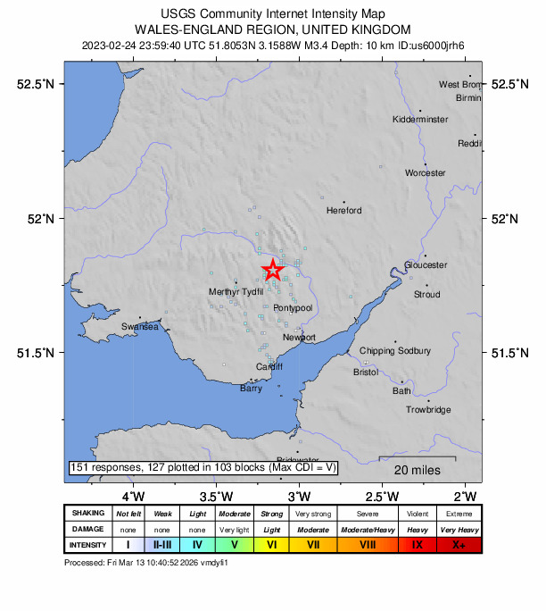 USGS DYFI community-reported intensity map for the M3.4 earthquake near 1 km ENE of Brynmawr, United Kingdom