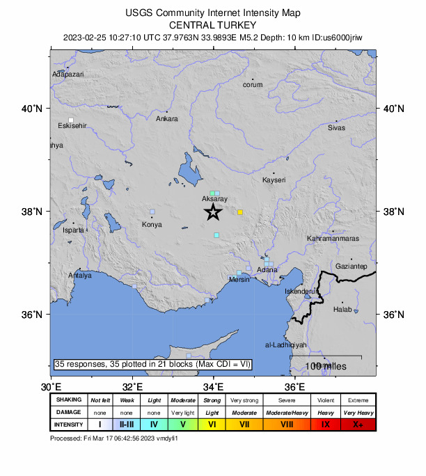USGS DYFI community-reported intensity map for the M5.2 earthquake near 15 km ENE of Emirgazi, Turkey