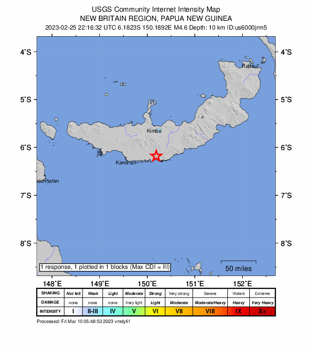 USGS DYFI community-reported intensity map for the M4.6 earthquake near 66 km E of Kandrian, Papua New Guinea