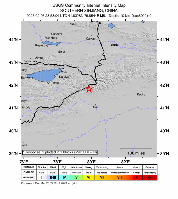 USGS DYFI community-reported intensity map for the M5.1 earthquake near Kyrgyzstan-Xinjiang border region