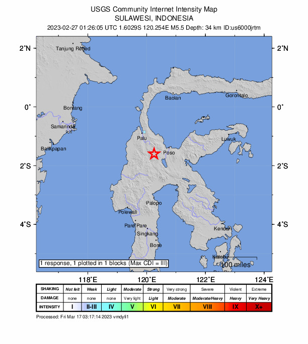 USGS DYFI community-reported intensity map for the M5.5 earthquake near 60 km WSW of Poso, Indonesia