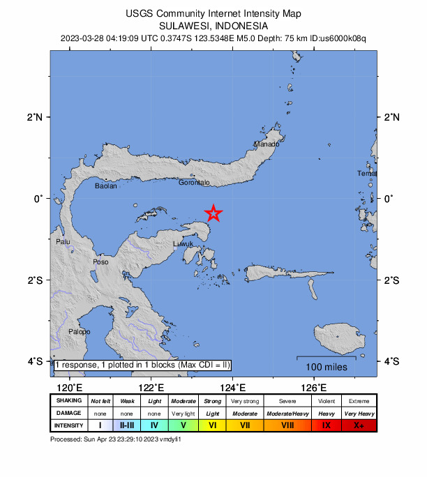 USGS DYFI community-reported intensity map for the M5.0 earthquake near 104 km NE of Luwuk, Indonesia