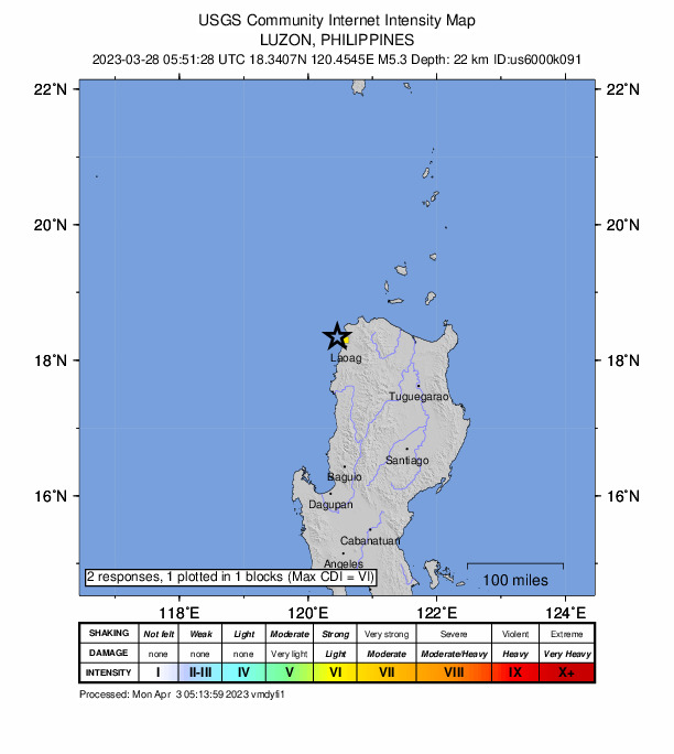 USGS DYFI community-reported intensity map for the M5.1 earthquake near 18 km W of Pasuquin, Philippines