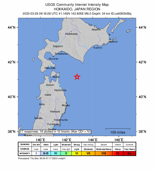 USGS DYFI community-reported intensity map for the M6.0 earthquake near Hokkaido, Japan region