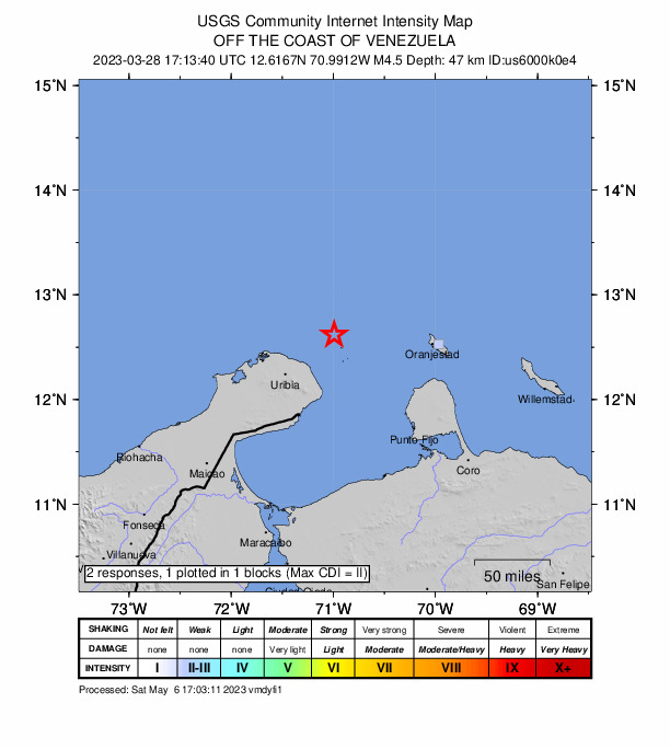 USGS DYFI community-reported intensity map for the M4.5 earthquake near near the coast of Venezuela