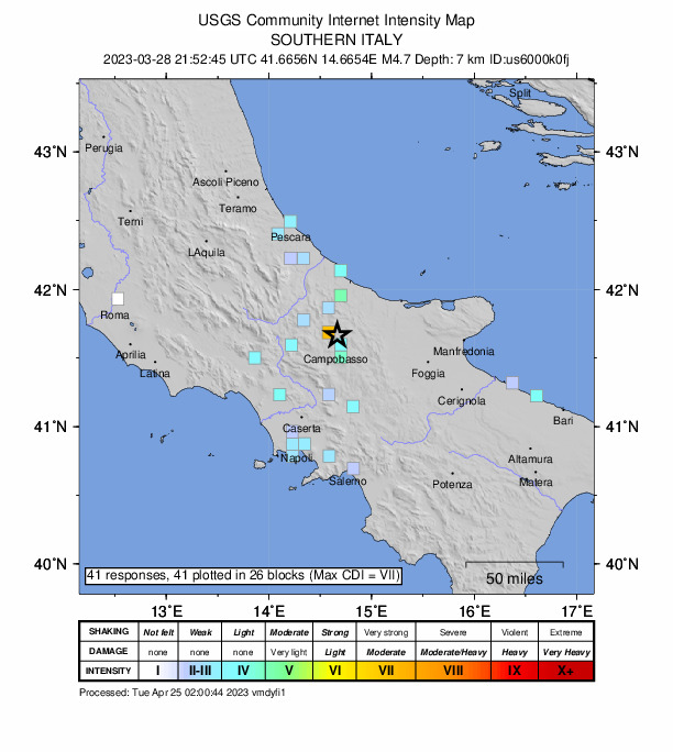 USGS DYFI community-reported intensity map for the M4.7 earthquake near 2 km NNW of Montagano, Italy