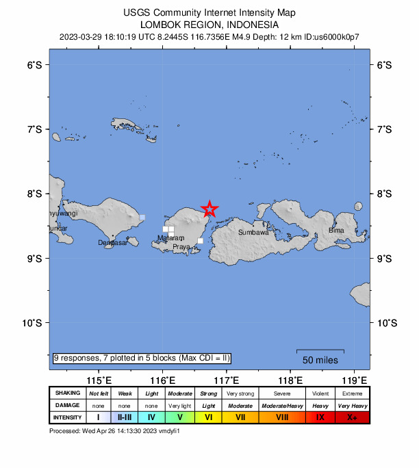 USGS DYFI community-reported intensity map for the M4.9 earthquake near 29 km NNE of Labuan Lombok, Indonesia